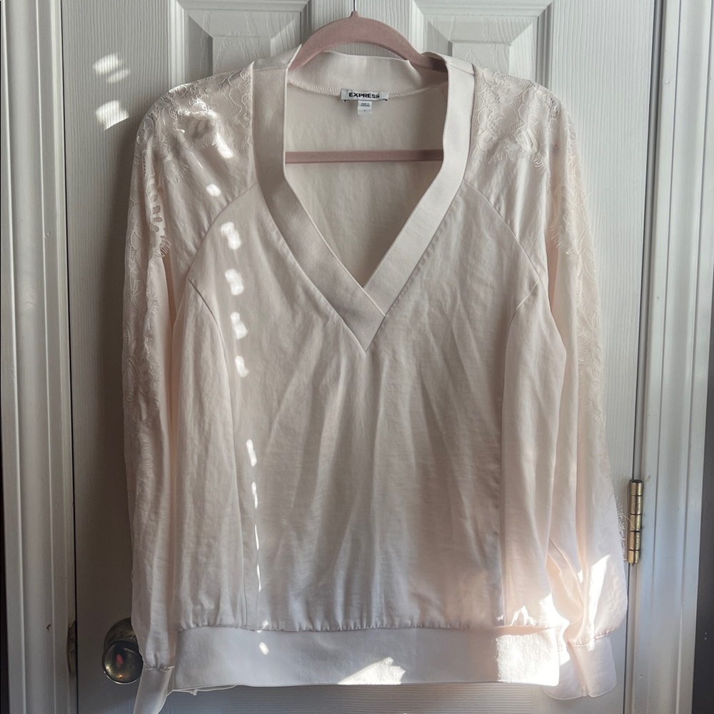 Express Cream V-Neck Blouse with Lace Detail
